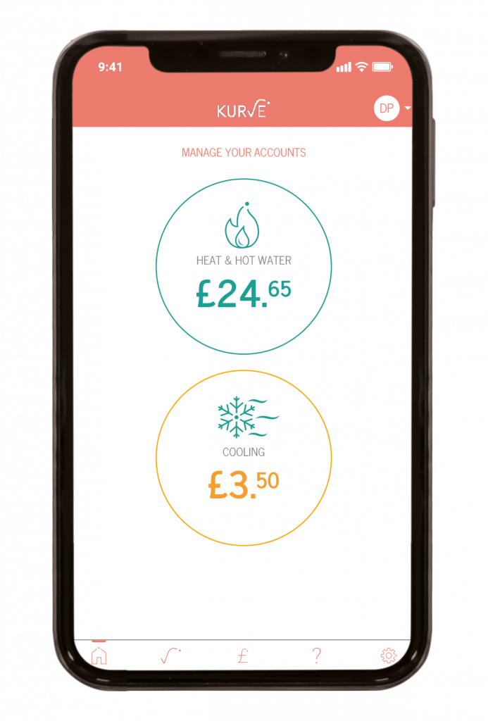 A phone with the KURVE homescreen, where people can choose between their heat & hot water account or their cooling account if they have dual utility set up. 